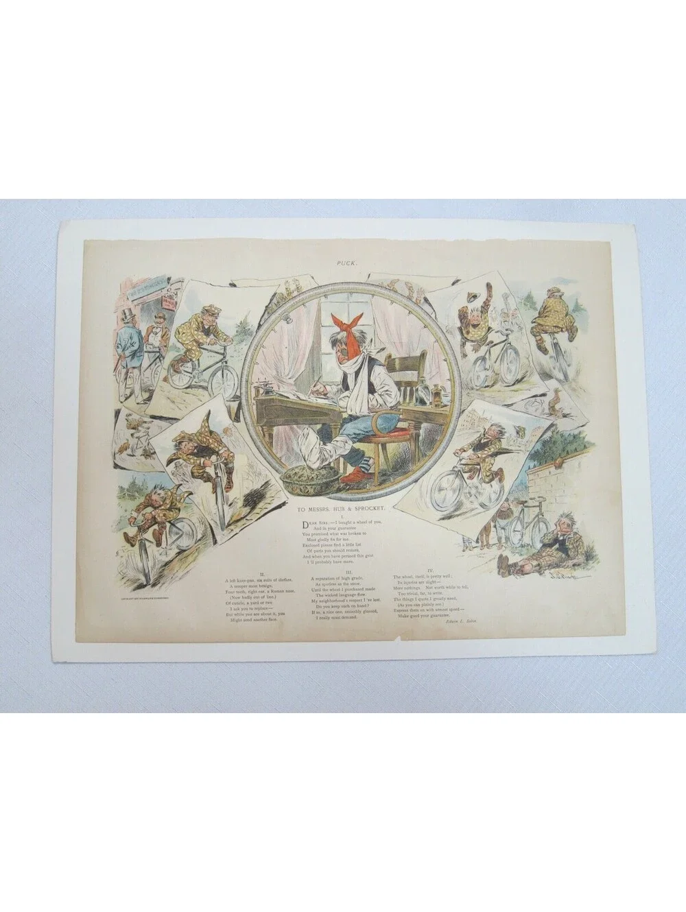 Antique 1897 Puck Magazine Bicycle Cartoon JS Pughe Hub & Sprocket 10x13.5 RARE